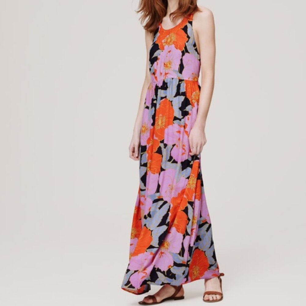 Ann Taylor LOFT Floral Red & Purple Boho Tropical Maxi Dress
